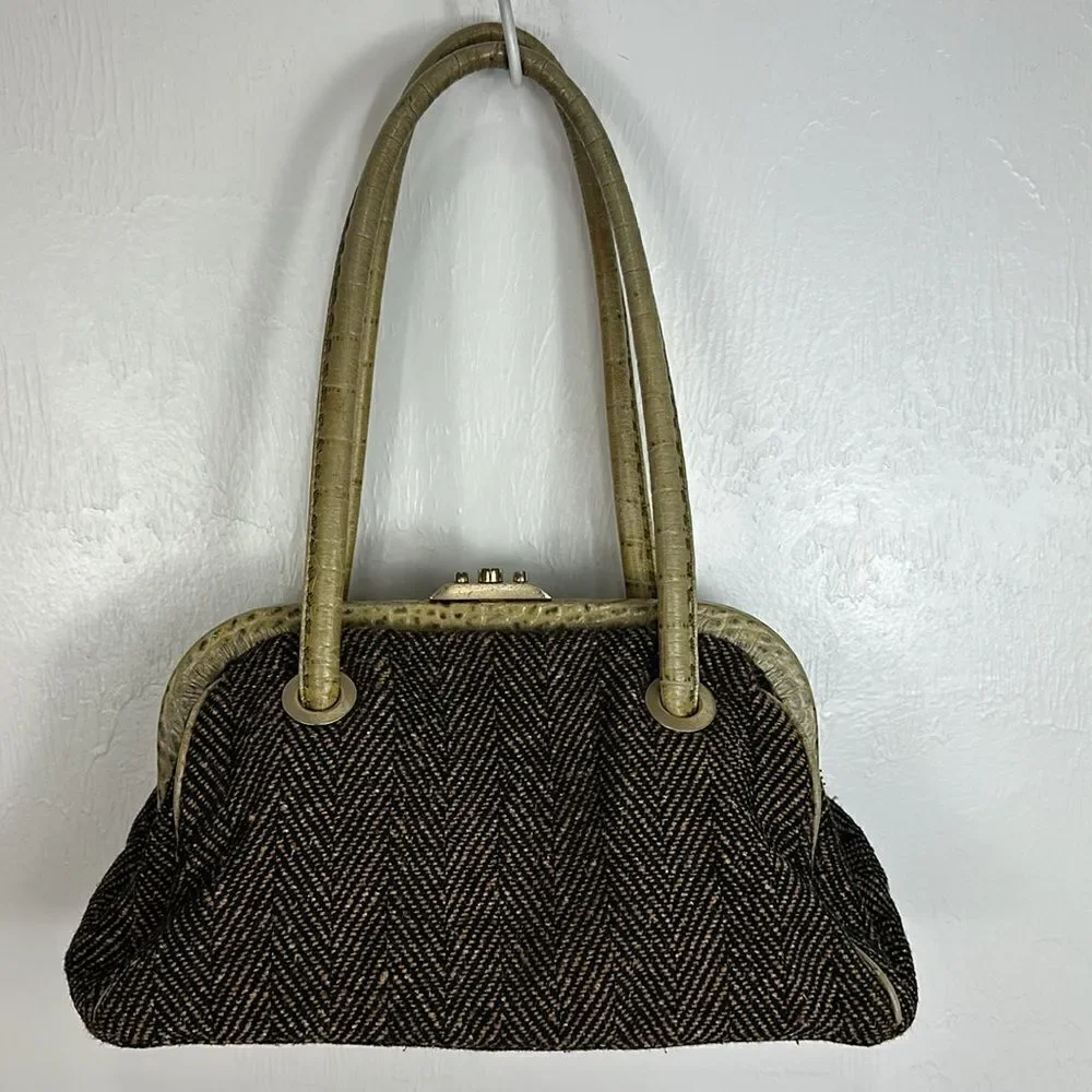 Ann Taylor Vintage Green Herringbone Print Handbag Shoulder Bag